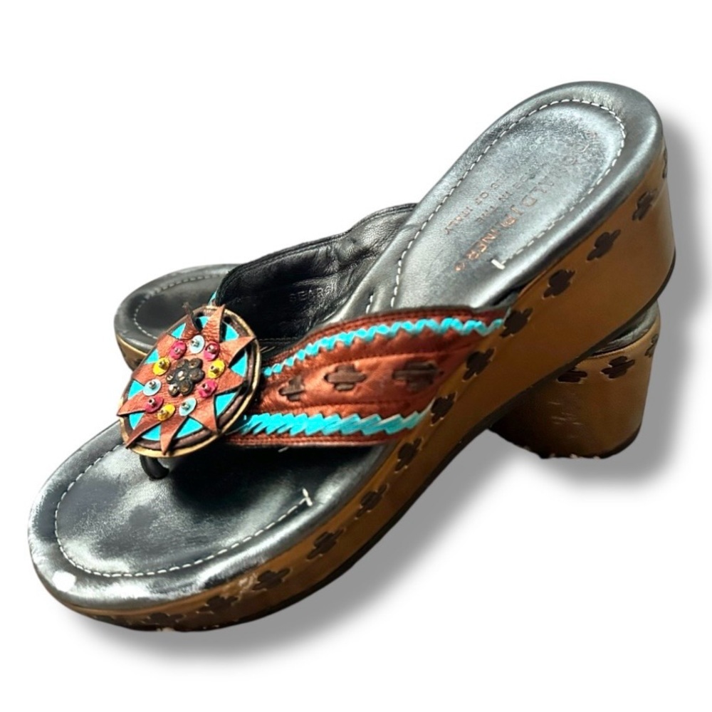 Donald J Pliner Metallic Leather Wedge Sandals Southwest Women’s Size 7.5 Boho